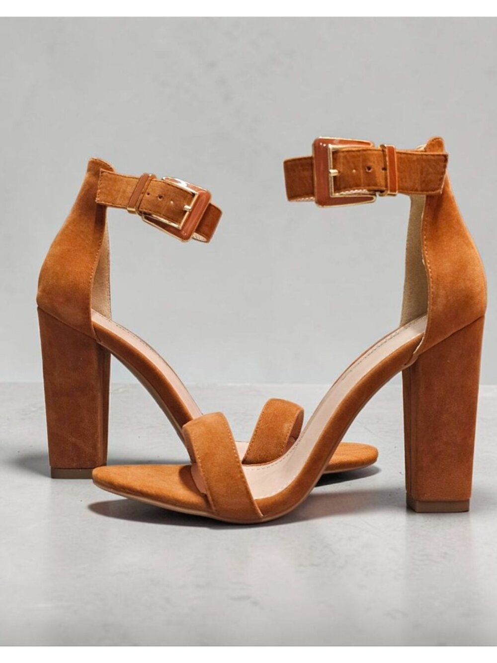 Block Heel Chestnut Faux Suede Ankle Strap Sandals With Buckle Closure For Women